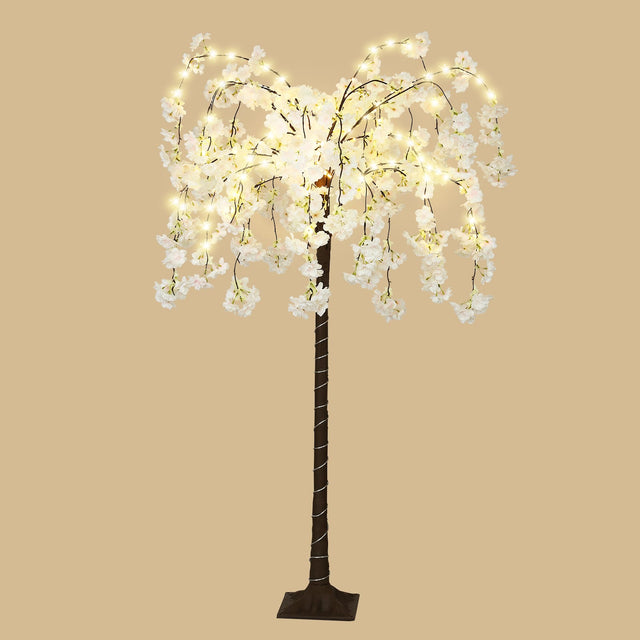 Front. Oumilen - 4FT Lighted Weeping Cherry Blossom Tree, Plug-in Waterproof Artificial Flower Tree Lamp for Home Wedding Party Decor - White.