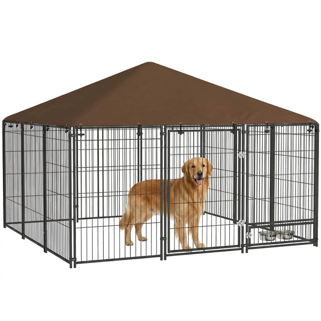 Front. Pawhut - x 6.9' x 5' Outdoor Dog Kennel with Canopy Garden Playpen Fence Crate Enclosure Cage Rotating Bowl.