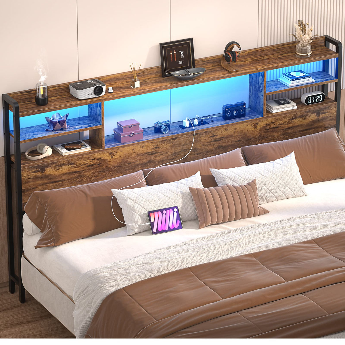 Aheaplus - King Size Headboard with Power Outlet and RGB LED Lights, Headboard with Storage Shelves - Brown