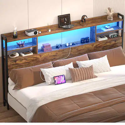 Aheaplus - King Size Headboard with Power Outlet and RGB LED Lights, Headboard with Storage Shelves