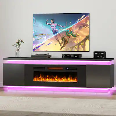 Skyzoo - Electric Fireplace TV Stand for TVs up to 80" with LED Lights & 4 AC Power Outlets, TV console for Living Room