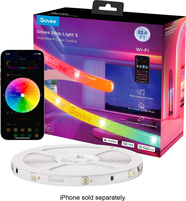 Govee Govee Strip Light S Segmented Color Control 18:28 : Geovee 1.. ar S  - - -   Govee Rtatne brigheneto aggr Nws 32.8 FT Wi-Fi d. t RGBICW abK nutpa  Zopies Hony memU Aras MaU -  - C C - MoTe - -e - - E L maEN - Calor Wheer I - A C My nasars DO Hours Lights Govee Music Syne with Light 64+ Preset Scenes Mode Customizable Lighting Effects matter works with lexa - wT Google Home Govee iPhone sold separately.