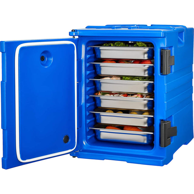 Front. VEVOR - Insulated Food Pan Carrier, 95 Qt Hot Box for Catering, Food Box Carrier with Double Buckles, Front Loading Food Warmer - Blue.