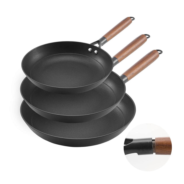 Front. VEVOR - Cast Iron Skillet Set, 3-Piece Frying Pan Collection (8, 10, 12 in), Nonstick Pans with Removable Wooden Handle - Black.