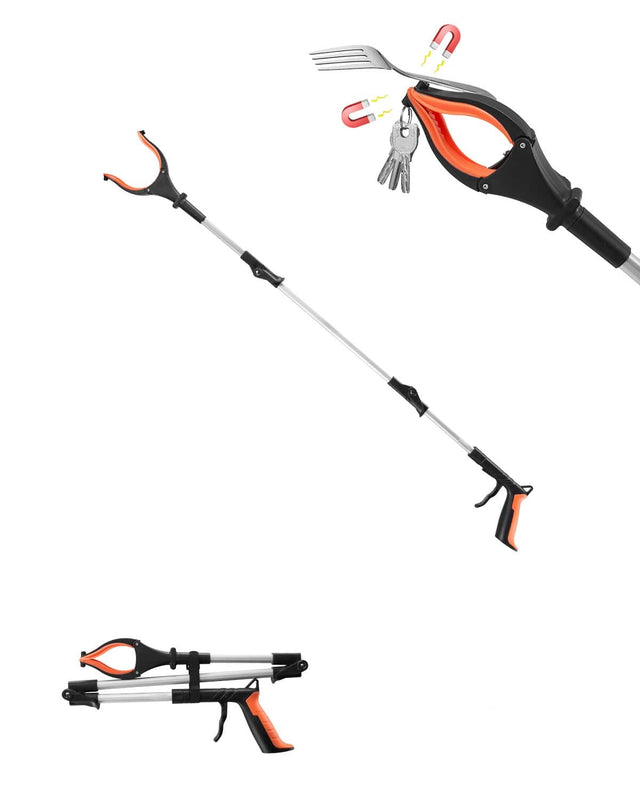 Front. VEVOR - Grabber Reacher Tool, 43" Foldable Reacher Grabber Pickup Tool with 360° Rotating Jaw, Magnet and LED Light - Orange + Black + White.