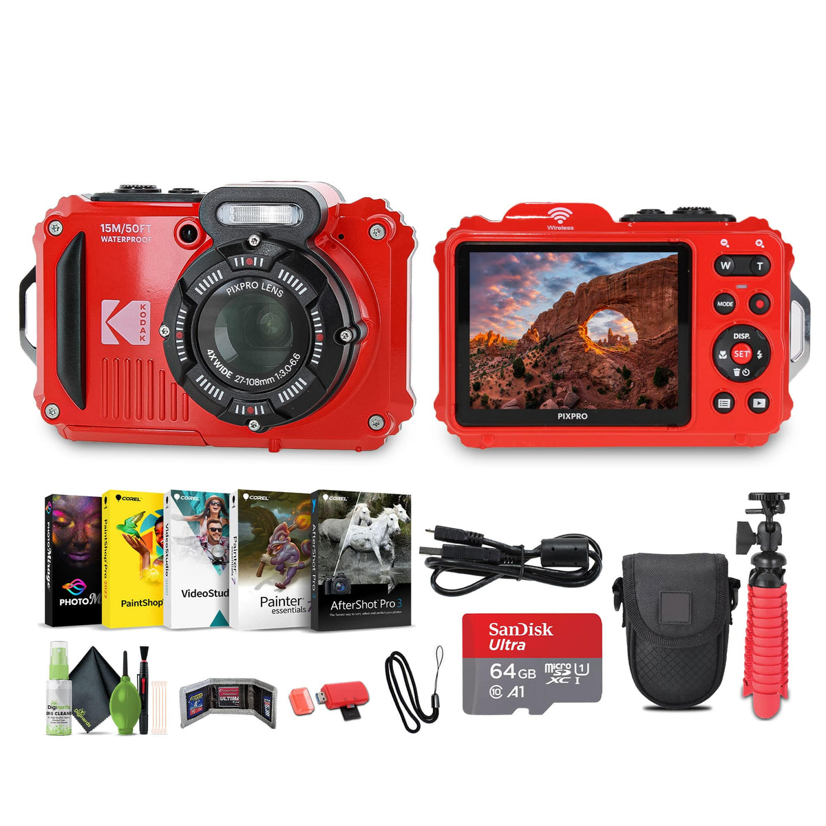 Bundle - Kodak - PIXPRO WPZ2 Rugged Waterproof Dustproof Digital Vlogging Camera (Red) - Red Advanced