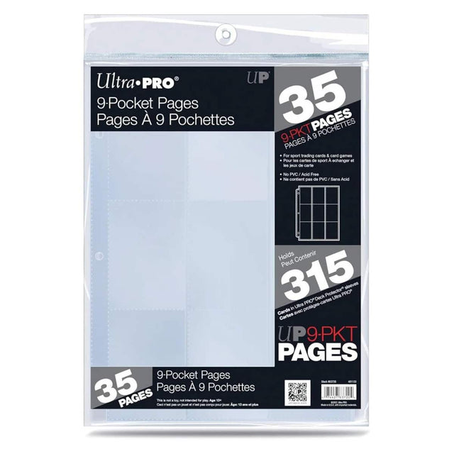 Ultra PRO UP 9-Pocket Pages  
35 Pages  
9-Pocket Pages A 9 Pochettes  
For sport trading cards & card games  
Pour les cartes de sport à échanger et les jeux de carte  
No PVC / Acid Free  
Ne contient pas de PVC / Sans Acid  
Holds 315 Ultra PRO Deck Protector sleeves  
Peut contenir 315 Ultra PRO "sleeves"  
UP9-PKT PAGES  
Ages 13 and up  
Idem pour les 13 ans et plus