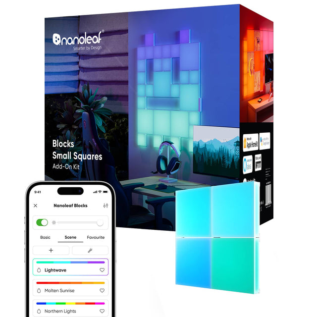 Nanoleaf Blocks Small Squares Add-On Kit - B d 2 FT 9:41 atl x Nanoleaf Blocks Basic Scene Favourite + Lightwave Molten Sunrise Northern Lights