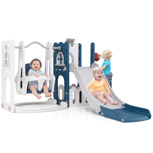 Front. Costway - Costway 7 in 1 L-shaped Toddle Swing and Slide Set with Swing, Basketball Hoop & Telescope - Blue+White.