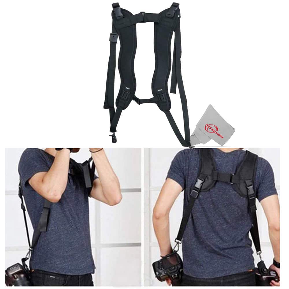 Vivitar - Dual Sling Hands Free Camera Harness 1/4 Inch Threaded Camera Mount Securely Holds Two Cameras for Active Photographers - Black