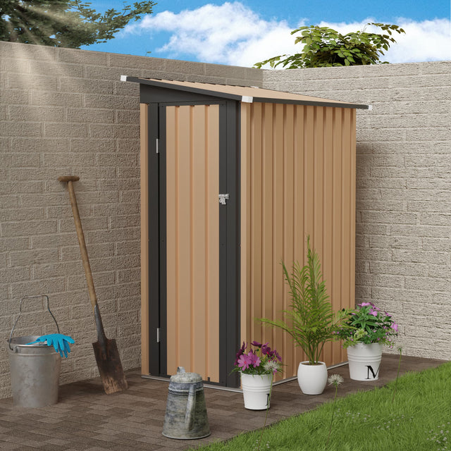 Front. Anysun - 4.27 FT x 2.42 FT Metal Garden Shed – 5 x 3 FT Pent Roof with Side Hinge Door, Galvanized Steel Outdoor Storage - Black+Brown.