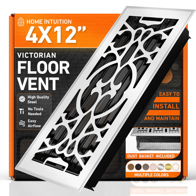 HOME INTUITION  
4X12"  
VICTORIAN FLOOR VENT  
EASY TO INSTALL AND MAINTAIN  
High Quality Steel  
No Tools Needed  
Easy Airflow  
DUST BASKET INCLUDED  
MULTIPLE COLORS