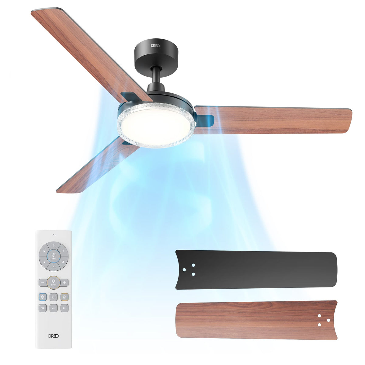 DREO - 52 in. Black Downrod Mount Standard Ceiling Fan with Integrated LED Light and Remote Included
