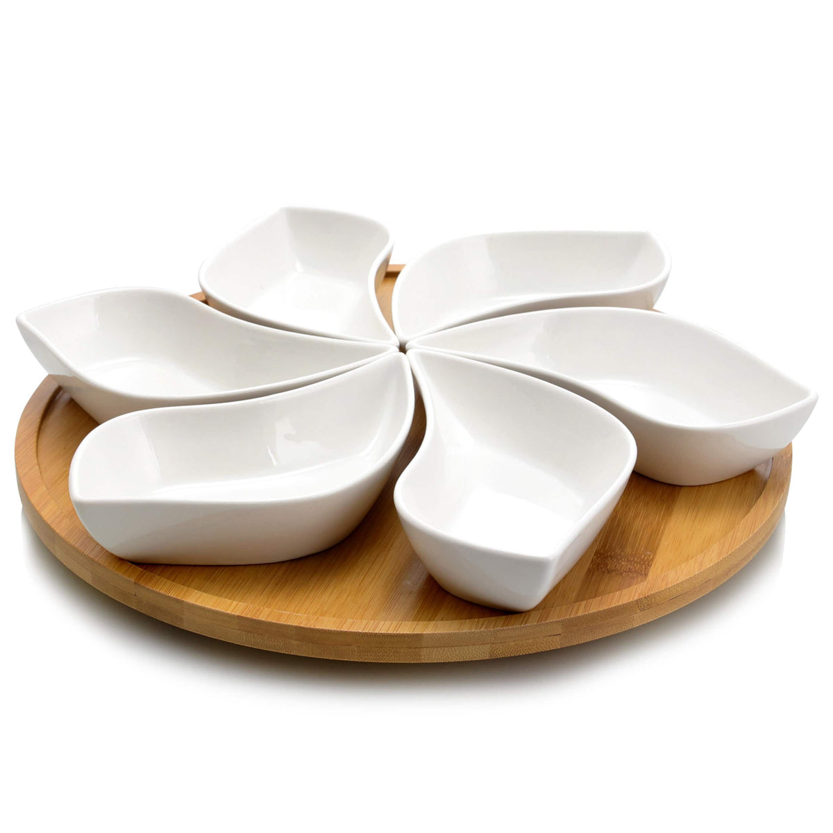 Elama - Signature Modern 13.5 Inch 7pc Bamboo Lazy Susan Appetizer and Condiment Server Set 6 Serving Dishes - White