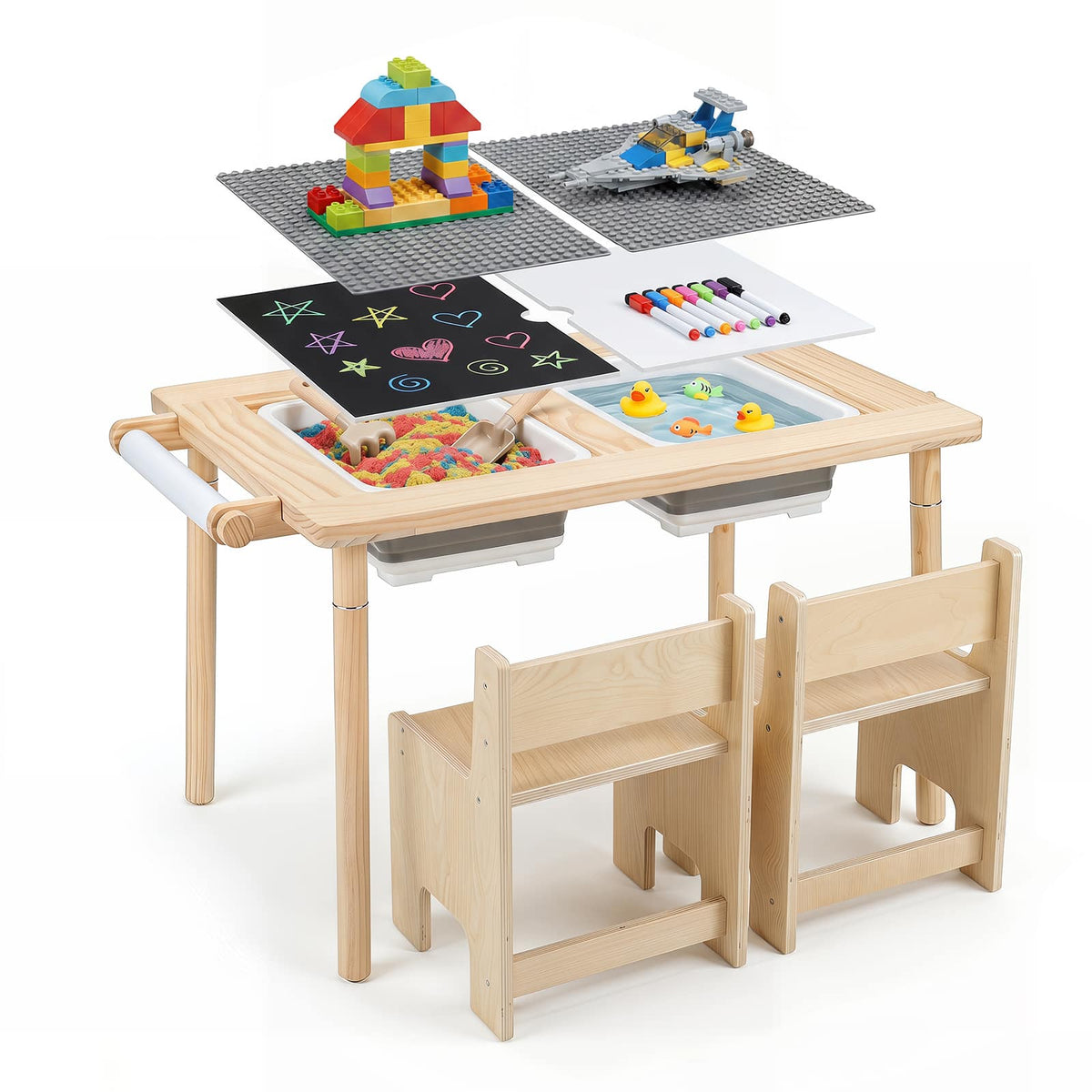 Costway - Kids Sensory Table and Chair Set with Adjustable Height, Dual Sided Top, 2 Bins - Natural-2 chairs