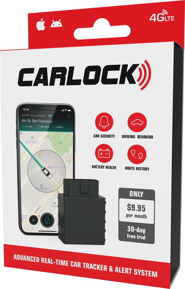 4G LTE  
CARLOCK  

Audi A4 - trip in progress...  
4th St, San Francisco  
31mph  
00:18:22  
0.36mi  

CAR SECURITY  
DRIVING BEHAVIOR  
BATTERY HEALTH  
ROUTE HISTORY  

ONLY  
$9.95 per month  
30-day free trial  

ADVANCED REAL-TIME CAR TRACKER & ALERT SYSTEM