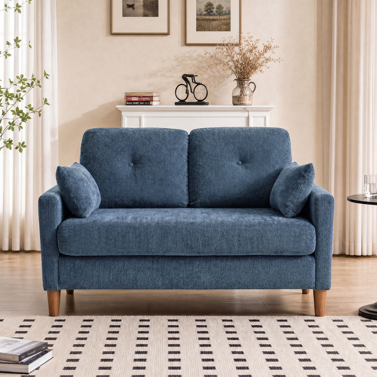Vipbear - 48" Small Loveseat Sofa with Side Pockets & Throw Pillow, 2-Seater Chenille Couches for Small Spaces, Bedroom, Apartment - Blue