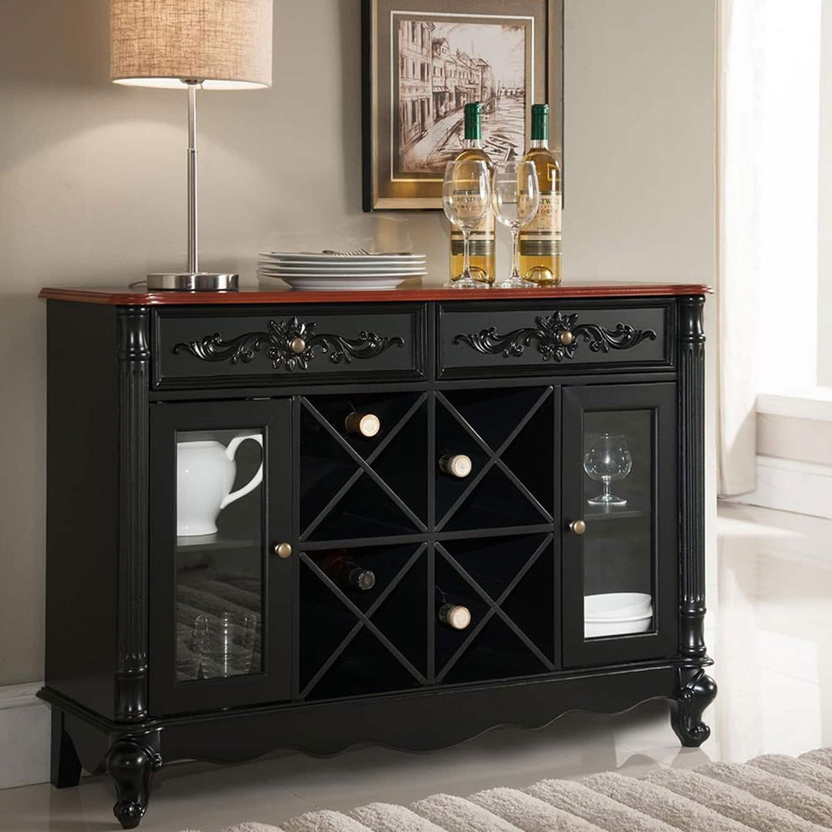Kings Brand Furniture - Guilford Buffet Server Wine Cabinet Console Table - Black
