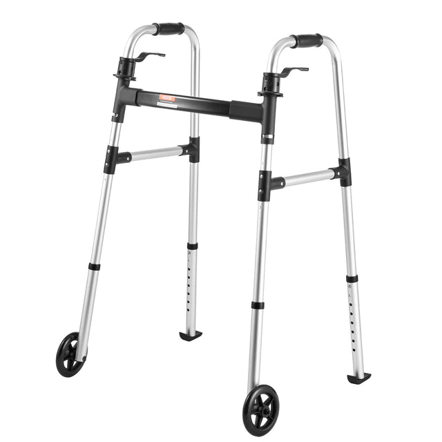 Front. VEVOR - Folding Walker, 2-Button Foldable Walker with 5" Wheels & 8-Level Adjustable Height, 350LBS Loading Lightweight Aluminum - Black,White.