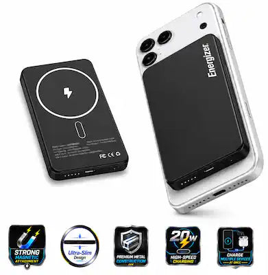 Energizer - 5,000mAh SLIM METAL 20W Magnetic Wireless Qi/Qi2.0/MagSafe PowerBank, Portable Charger, 2 Outputs, LED Display, & USB-C