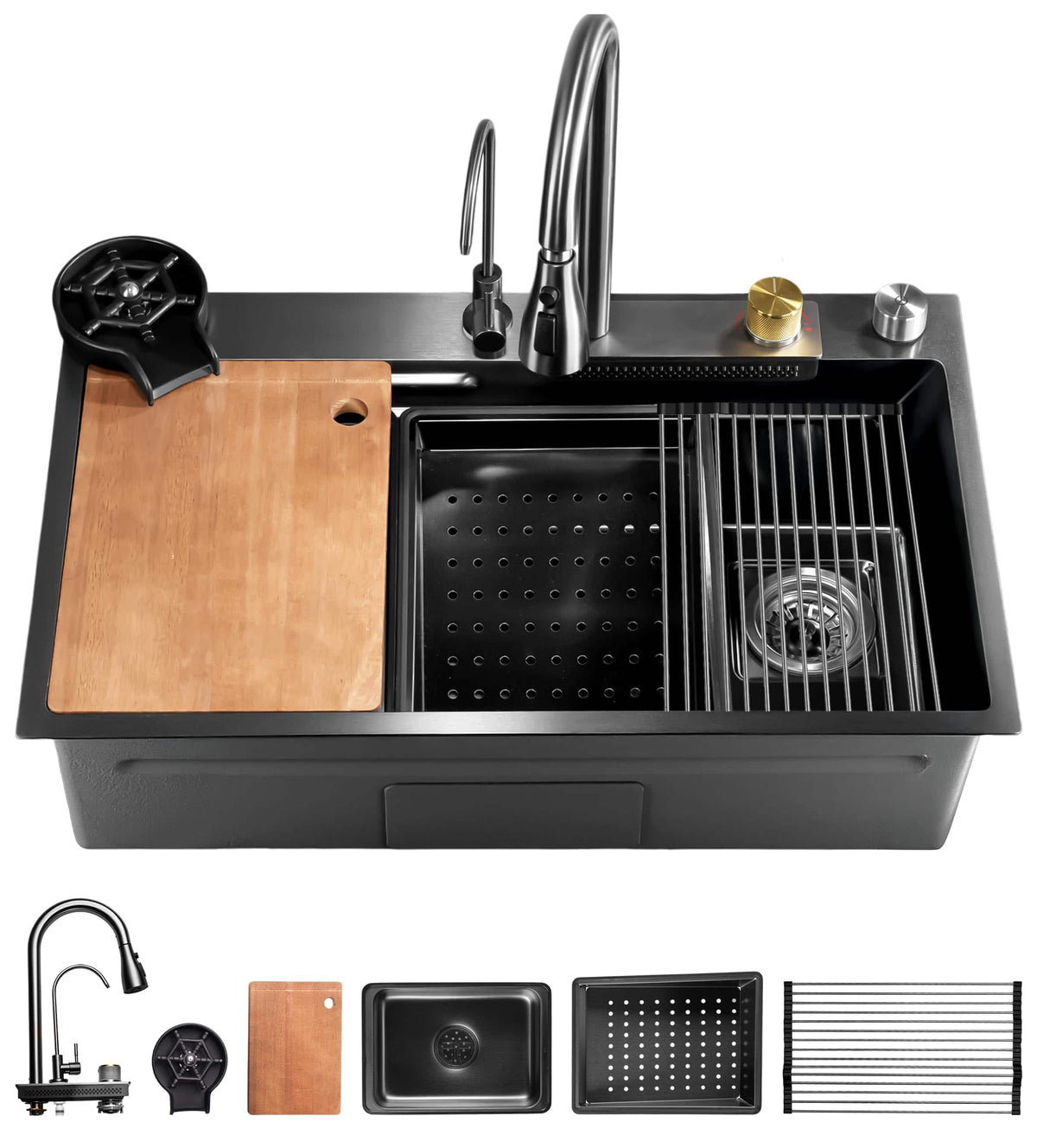 SereneLife - SL7546BK Stainless Steel Kitchen Sink, Modern, Includes Faucet, Drain Rack, Cup Washer - Black
