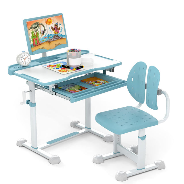 Front. Gymax - Gymax Kid's Study Desk & Chair Set w/Tilt Desktop Book Stand Footrest Bar for Toddlers Blue - Blue.