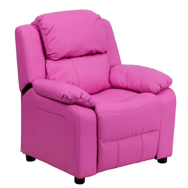 Front. Emma + Oliver - Deluxe Padded Contemporary Kids Recliner with Storage Arms - Hot Pink Vinyl.