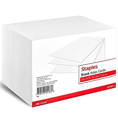 Staples  
Blank Index Cards  
4 in x 6 in / 10.16 cm x 15.24 cm  
500 Cards  
Product 9 42166 7 18103  
MA2 ST51011  
ST31911