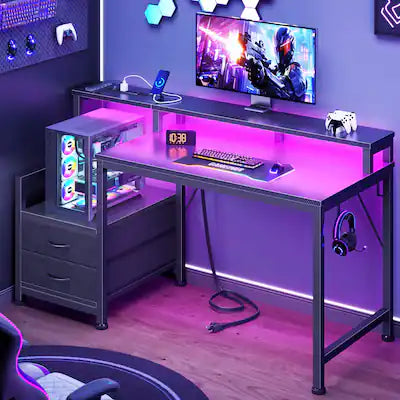 Furnulem - Computer Desk With Drawers Power Outlet Gaming Desk With Storage Shelves for Home Office Desk
