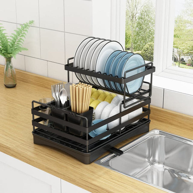 Front. Adivo - 2 tier Dish Drainer Kitchen Counter Dish Rack with Cutlery Holder, Drip Tray-49CM - Black.