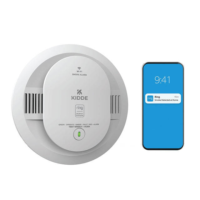 Wi-Fi Smoke Alarm  
9:41  
Ring  
Now  
Smoke Detected at Home  

KIDDE  
Wi-Fi Smoke Alarm  
Get Alerts in the Ring App  

GREEN - OPERATE  
AMBER - FAULT  
RED - ALARM  
TEST WEEKLY / HUSH