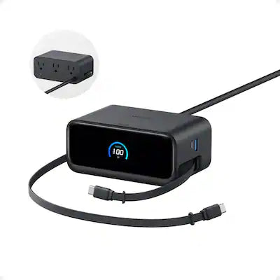 Anker - Nano Charging Station, 7-in-1 100W Power Strip, 2.3 ft InstaCord Retractable Cable, 3 USB-C, 1 USB-A, 3 AC (Non-Battery)