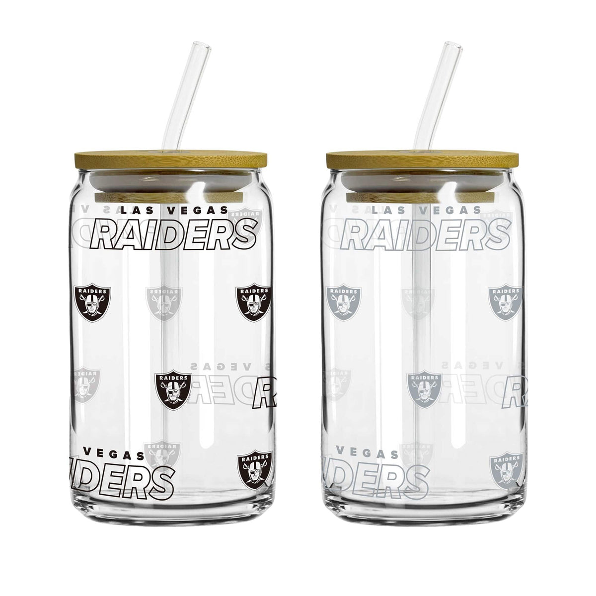 Logo Brands - Las Vegas Raiders 16oz. Step And Repeat Glass Can with Lid & Straw 2-Pack - Multicolor