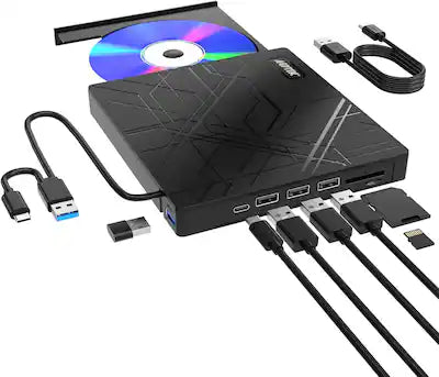 AGPtek - 8 in 1 External CD/DVD Drive for Laptop, USB 3.0 Ultra Slim Portable CD Burner with 4 USB Ports
