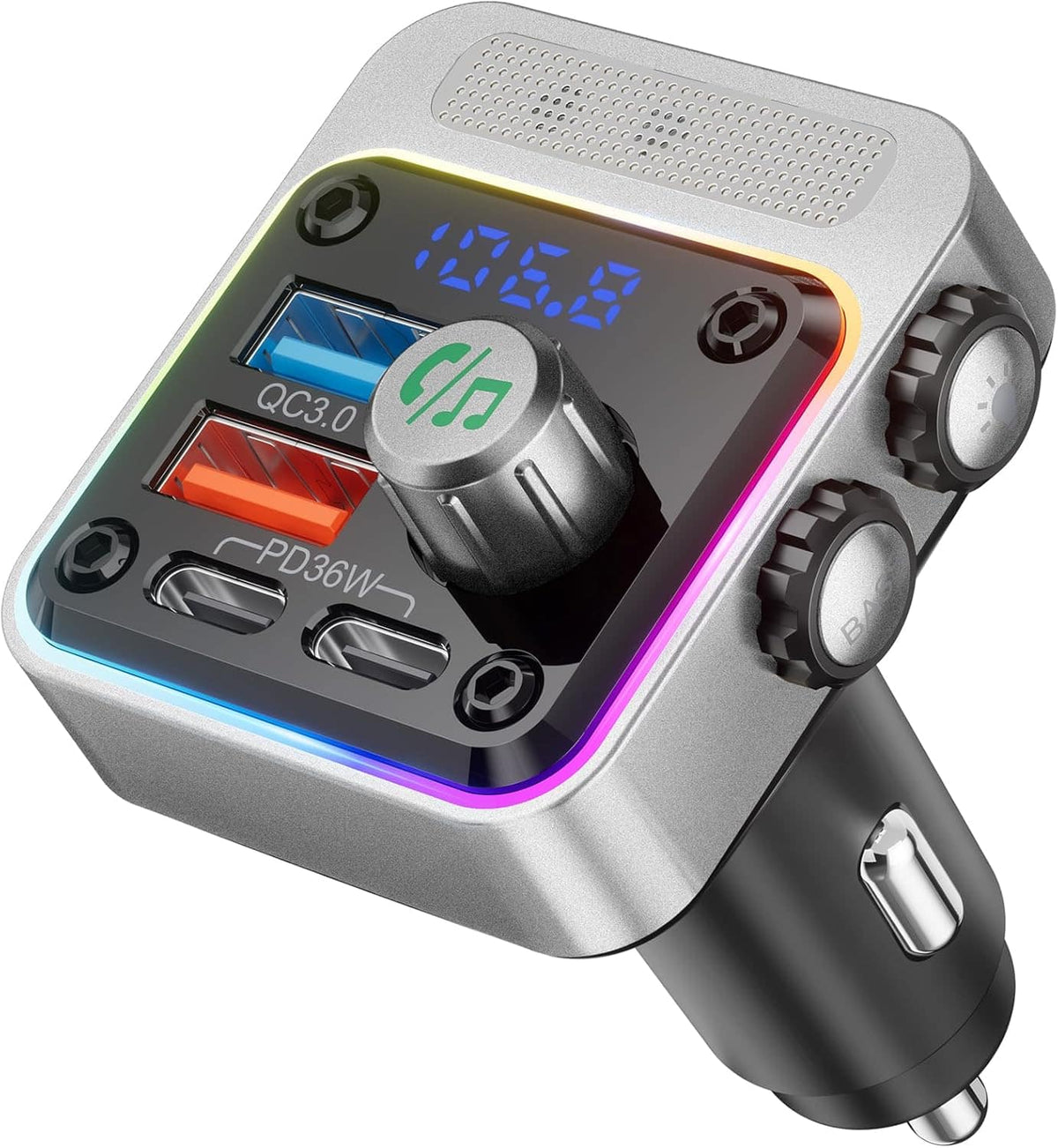Core Tech - 54W Bluetooth 5.3 FM Transmitter Car Adapter 4-Port Charger - Silver