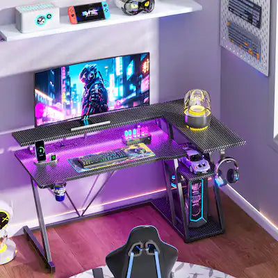 Furnulem - 39 In Gaming Desk with Monitor Stand CPU Stand Power Outlet LED Light Home Office Desk with Cup Holder Headphone Hook