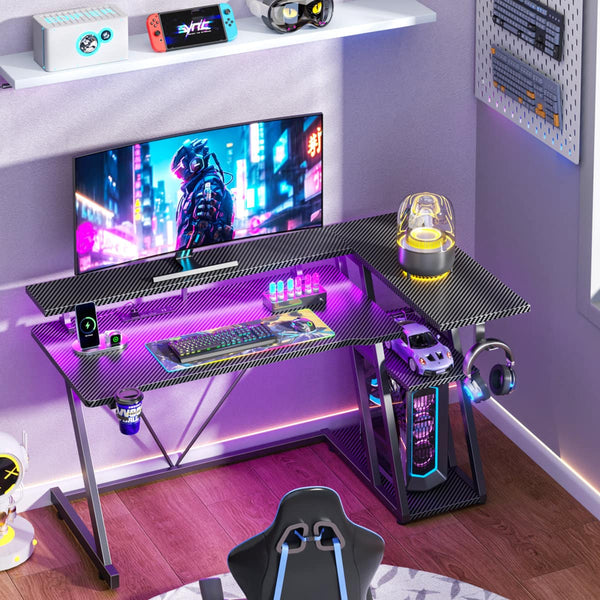 Furnulem - 39 In Gaming Desk with Monitor Stand CPU Stand Power Outlet LED Light Home Office Desk with Cup Holder Headphone Hook - Black