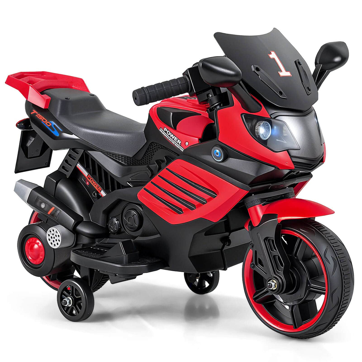 Costway - 6V Kids Motorcycle with Music, Horn, Detachable Training Wheels & LED Headlights - Red