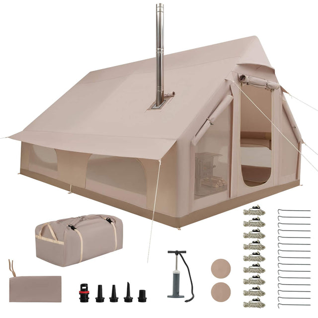 Front. Costway - Costway Inflatable Tent for Camping with Stove Jack, Hand Pump for Family Glamping - Beige.