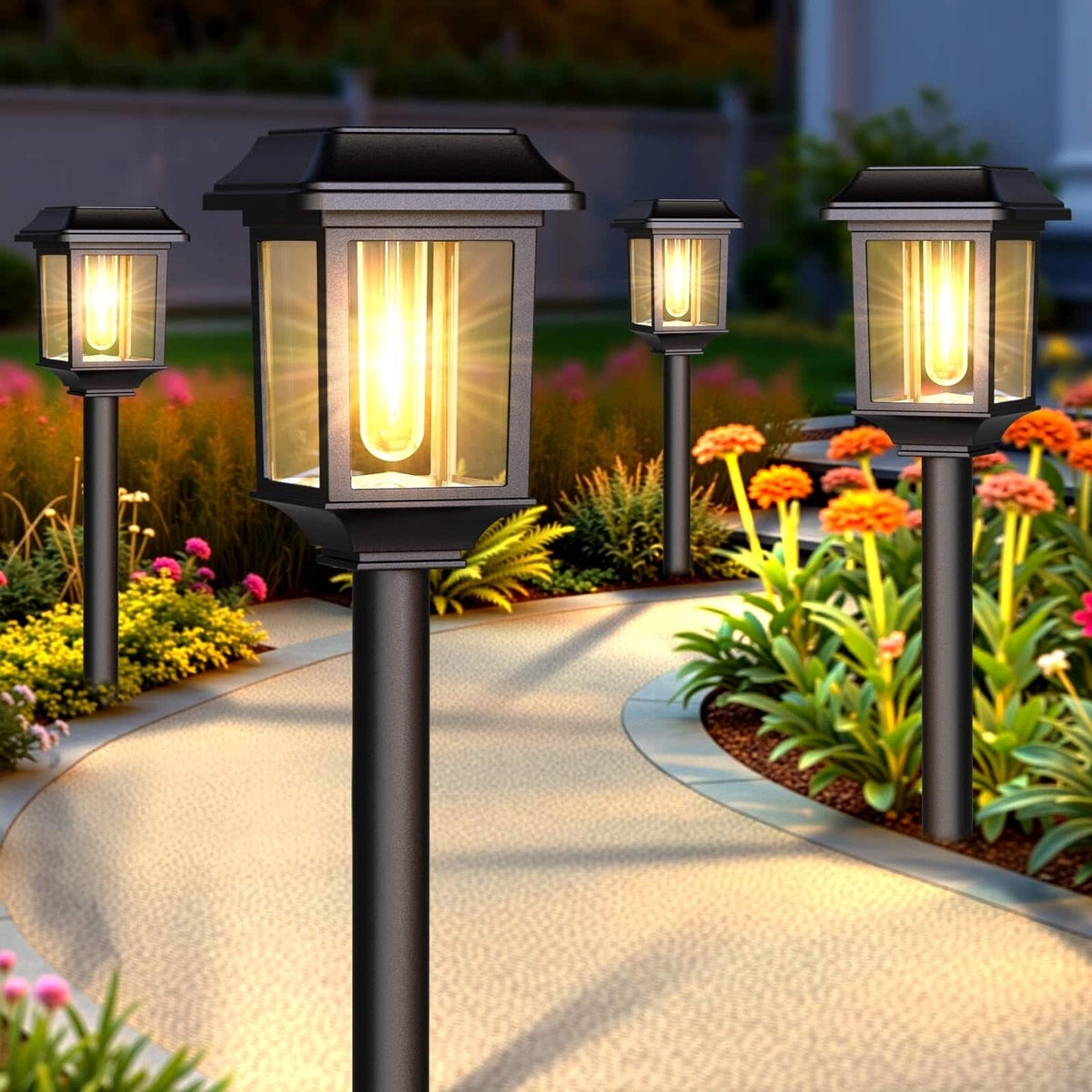 Dazzed Corner - 8-Pack Waterproof Solar Pathway Lights, Metal Glass Outdoor Garden Decor - Black