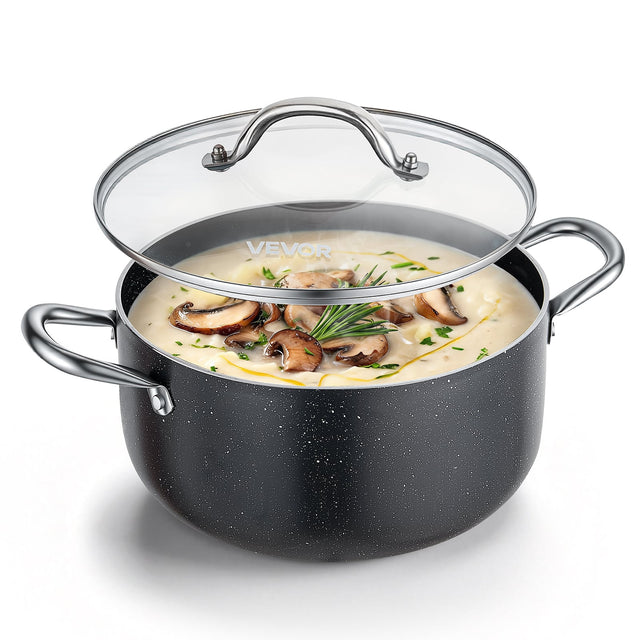 Front. VEVOR - Aluminum Stock Pot, 6-Quart Nonstick Ceramic Coated Pot with Glass Lid, PFOA-Free, PFAS-Free, Compatible with Gas Stoves - Black.