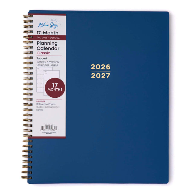 Blue Sky, 17-Month Aug 2026 - Dec 2027 Planning Calendar Classic  
Tabbed Weekly + Monthly Calendar Pages 17 MONTHS  
2026 2027  
INCLUDES Reference Pages Budget Spreadsheet Notes  
53333-A27  
0 99931 91736 1 www.bbbanby.com