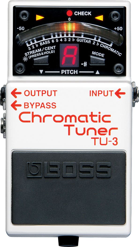 CHECK 0 -50 +50  
6 5 4 3 2 b GUITAR b BASS 2 b 3 2  
CENT / CHROMATIC STREAM (PRESS&HOLD)  
(PRESS 8 MODE -# PITCH OUTPUT INPUT BYPASS  
Chromatic Tuner TU-3  
GBO55