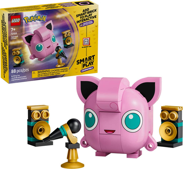 LEGO Pokémon Jigglypuff Concert 72159

7+  
88 pcs/pzs  
Building Toy  
Jouet de construction  
Juguet para construir

WARNING: CHOKING HAZARD.  
Small parts and small ball.  
Not for children under 3 years.

ADD SMART BRICK TO PLAY INTERACTIVE  
SMART BRICK NOT INCLUDED

SMART PLAY  
COMPATIBLE