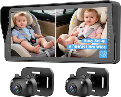 PRIMEPLUS - Cat Design Dual Baby Car Camera - 6.9" Split Screen HD Monitor with 2 Cameras, 1080P, Night Vision, Easy Setup