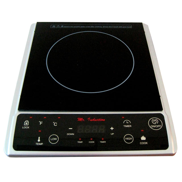 -oe - - - - i.. Conkie ....  
id Fo  
LOCK - F - TEMP. - C LOW Mr Induction - 8888 + DOWN UP TEMP COOK TIMER TIMER HIGH ON/OFF COOK  

Mr Induction  
888  
LOCK  
TEMP.  
DOWN  
UP  
TIMER  
HIGH  
COOK  
ON/OFF  

Note: The ceramic plate is hot. After cooking, please don't touch with your hand.