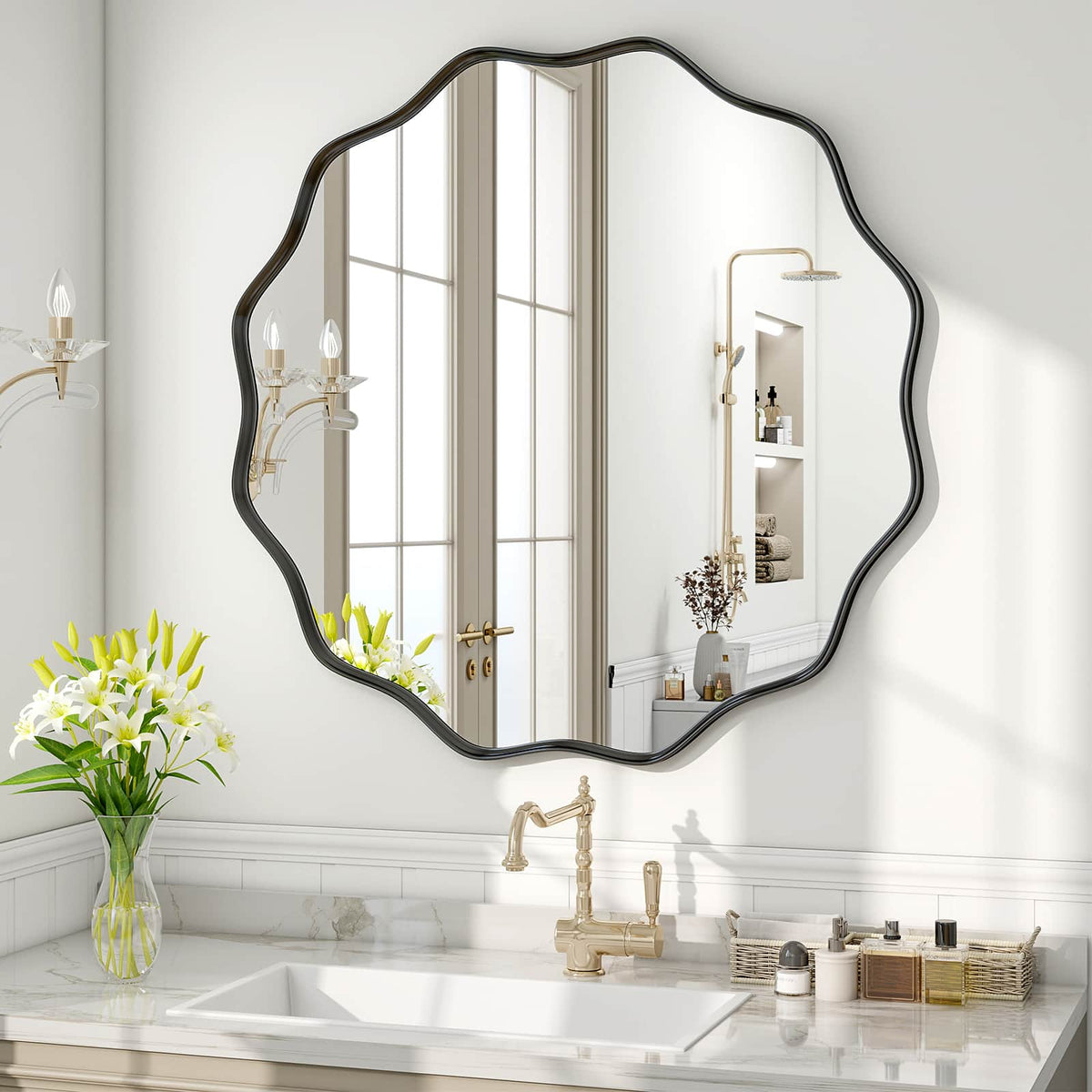 Easly - 36 in. W x 36 in. H Round Aluminum Alloy Framed Vanity Wall Mirror - Black