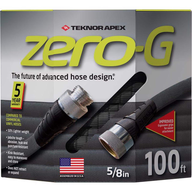 TEKNOR APEX zero-G  
The future of advanced hose design  
5 YEAR WARRANTY  
COMPARED TO COMMERCIAL VINYL HOSES:  
- 50% Lighter weight  
- Jobsite tough - abrasion, leak and puncture-resistant  
- Kink Resistant, easy to maneuver and store  
- Does NOT retract or expand  
- 100 ft  
- 5/8in  
- IMPROVED Ergonomic grips for easier attachment  
ASSEMBLED IN U.S.A.