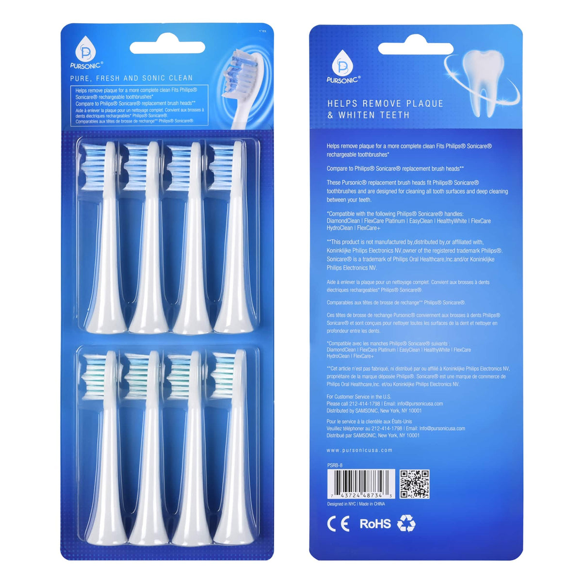 Pursonic - Replacement Toothbrush Heads, Compatible with Sonicare Electric Toothbrush 8 Pack - White