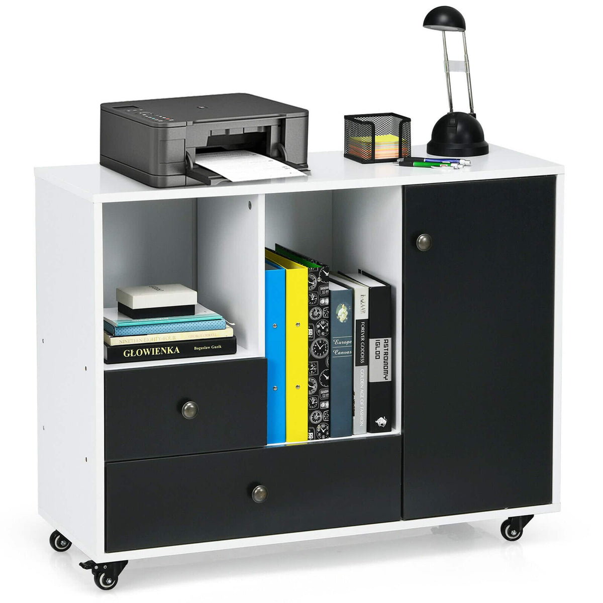 Costway - Lateral Mobile Filing Cabinet Large Printer Stand w/ 2 Drawers - White + Black